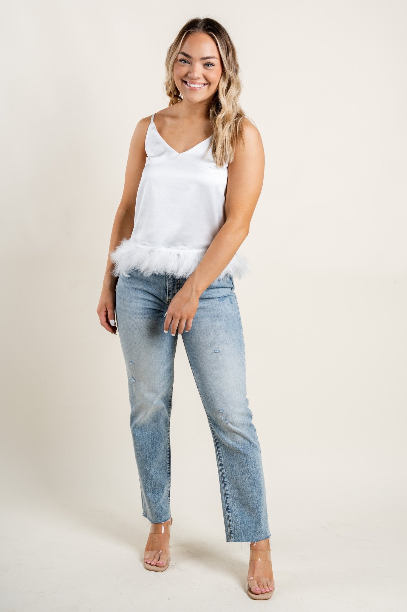 Feather trim cami tank top ivory - Adorable Tank Top - Unique Bridesmaid Ideas at Lush Fashion Lounge Boutique in Oklahoma