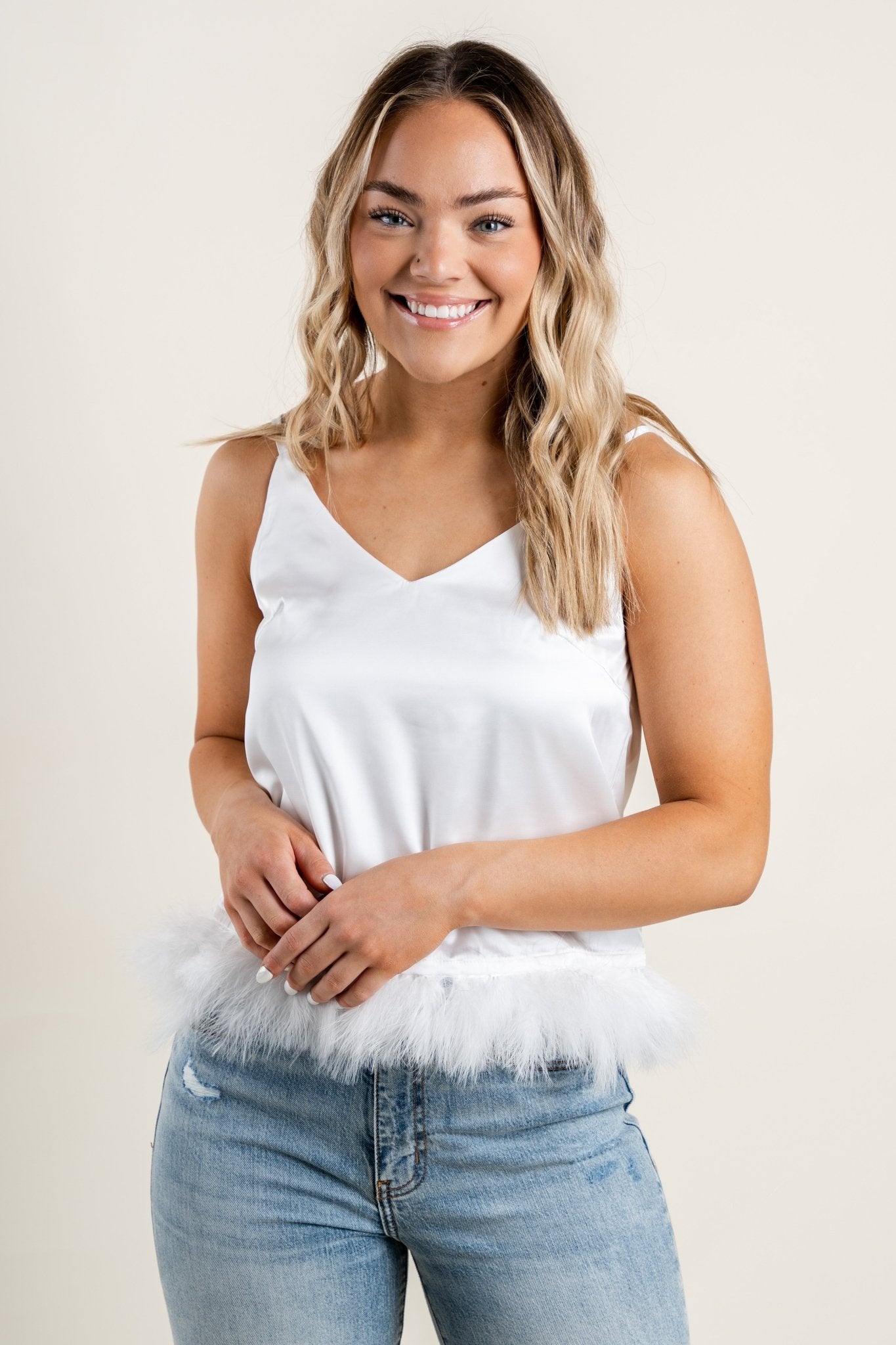 Feather trim cami tank top ivory - Trendy Tank Top - Fun Wedding Party Outfits at Lush Fashion Lounge Boutique in Oklahoma City