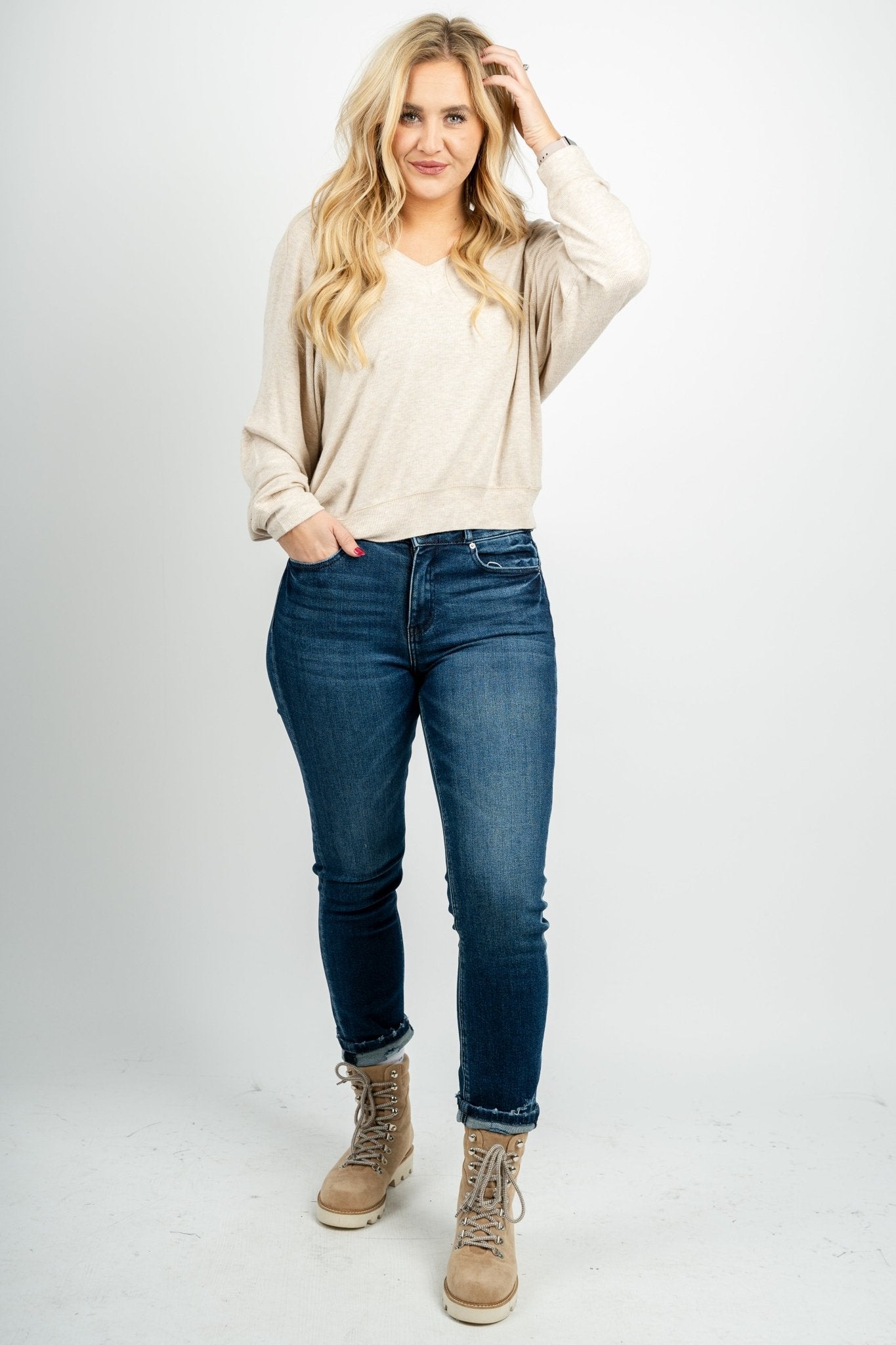 Carly Rib V-Neck in Light Oatmeal - Z Supply Top - Z Supply Clothing at Lush Fashion Lounge Trendy Boutique Oklahoma City