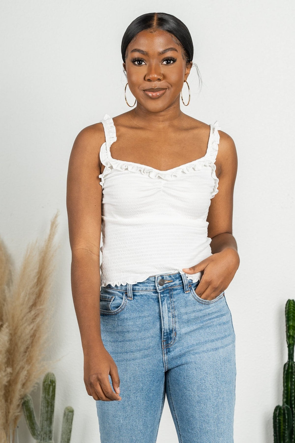 Ruffle smocked cami top off white - Trendy top - Cute American Summer Collection at Lush Fashion Lounge Boutique in Oklahoma City