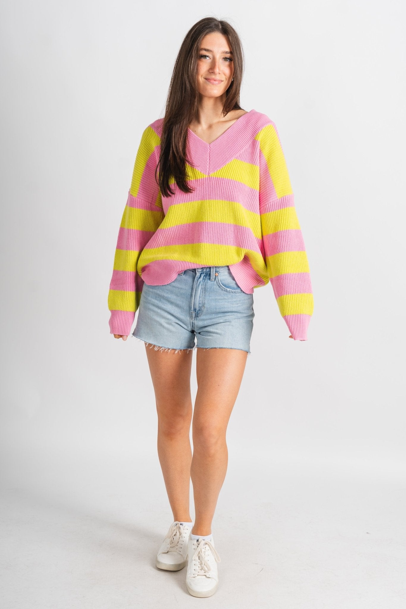 Stripe v-neck sweater pink/lime - Trendy Sweaters | Cute Pullover Sweaters at Lush Fashion Lounge Boutique in Oklahoma City