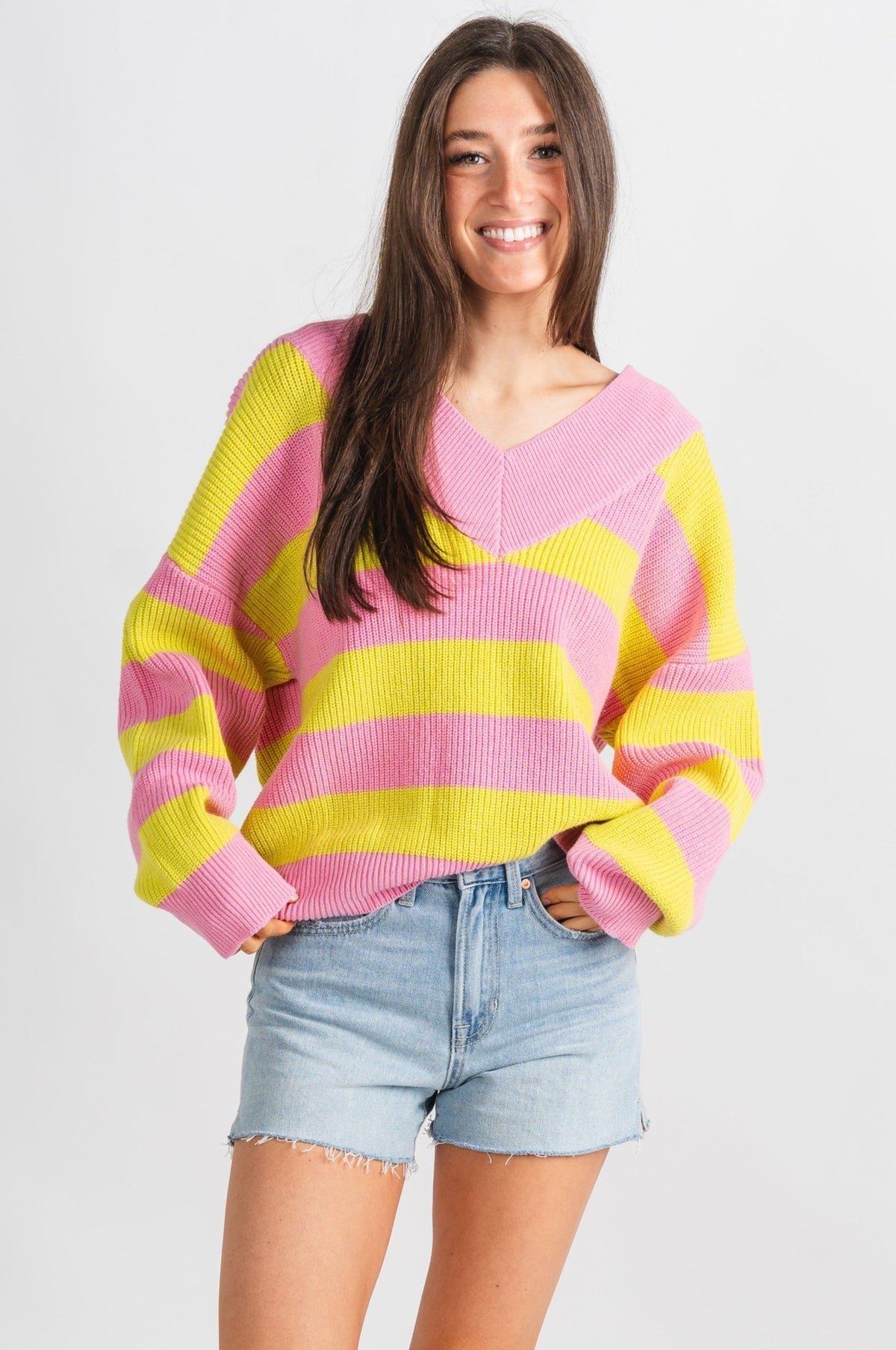 Stripe v-neck sweater pink/lime – Boutique Sweaters | Fashionable Sweaters at Lush Fashion Lounge Boutique in Oklahoma City