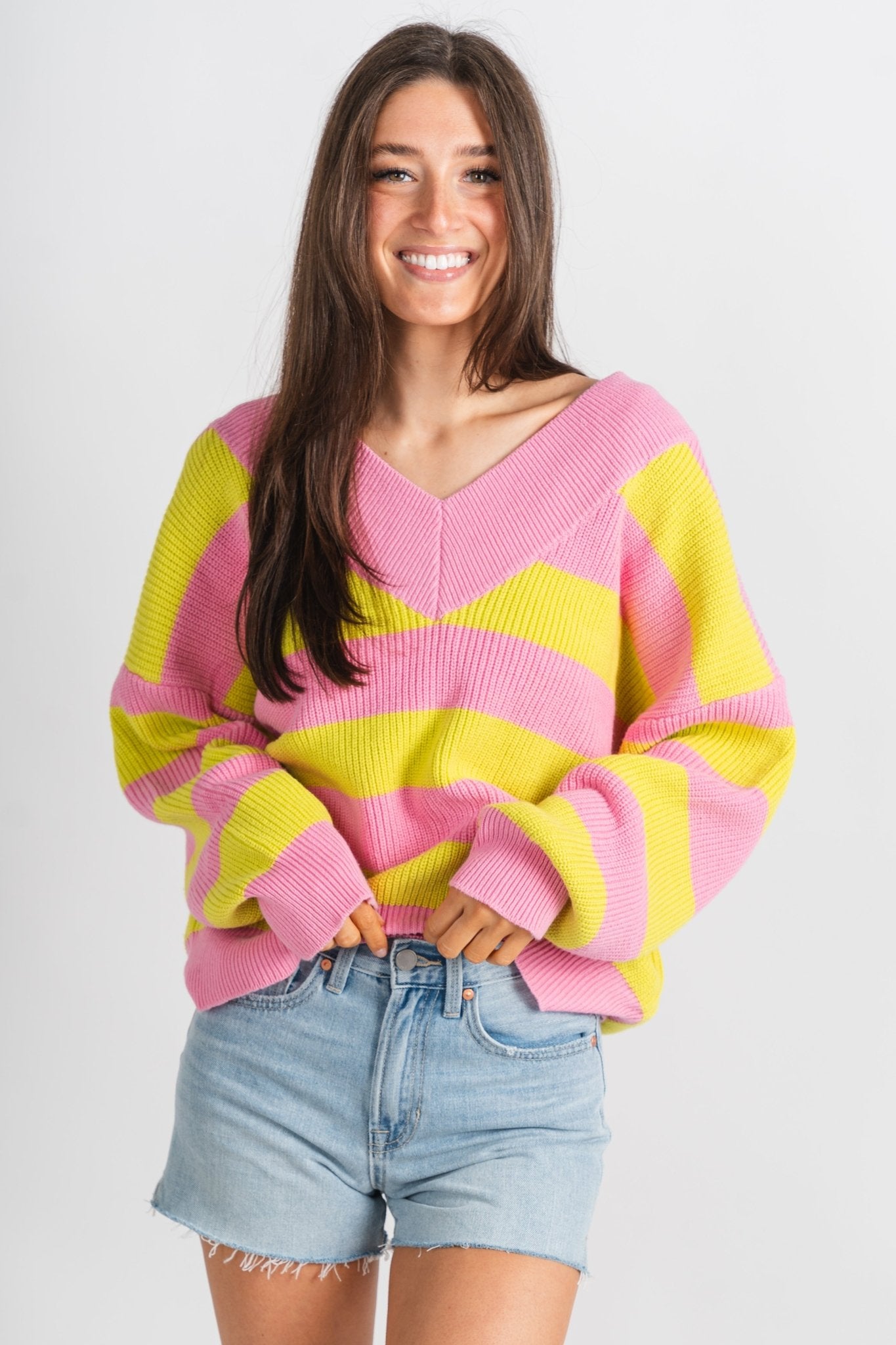 Stripe v-neck sweater pink/lime – Stylish Sweaters | Boutique Sweaters at Lush Fashion Lounge Boutique in Oklahoma City