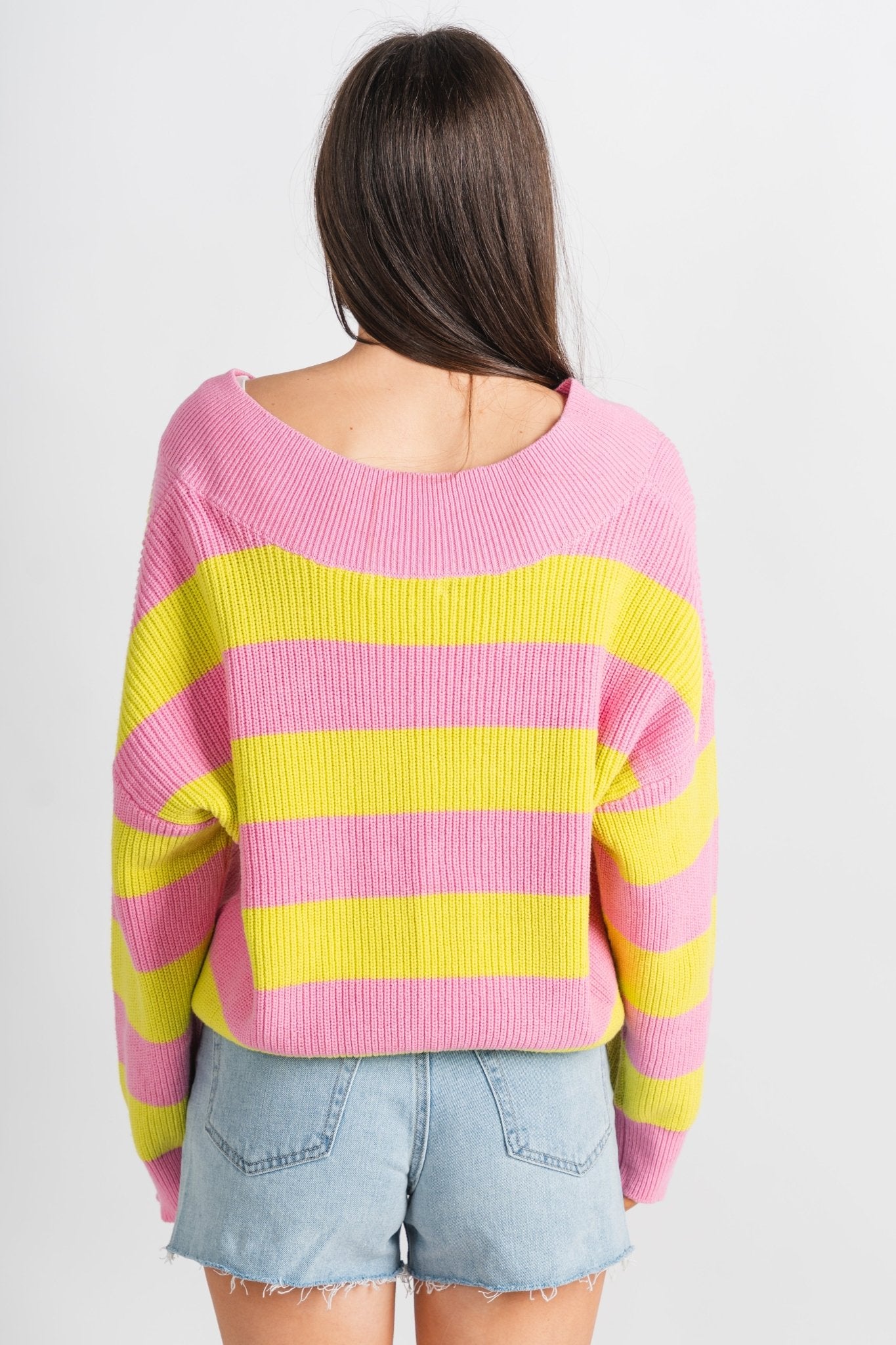 Stripe v-neck sweater pink/lime – Unique Sweaters | Lounging Sweaters and Womens Fashion Sweaters at Lush Fashion Lounge Boutique in Oklahoma City