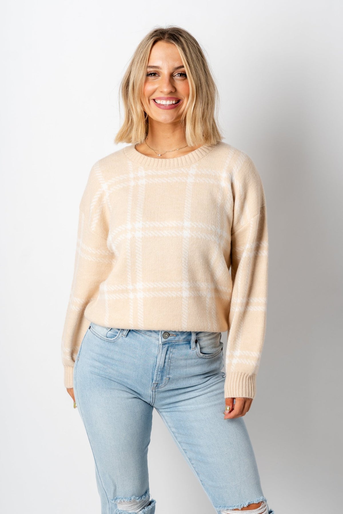 Z Supply Jolene plaid sweater almond - Z Supply Sweaters - Z Supply Tops, Dresses, Tanks, Tees, Cardigans, Joggers and Loungewear at Lush Fashion Lounge