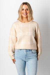 Z Supply Jolene plaid sweater almond - Z Supply Sweaters - Z Supply Apparel at Lush Fashion Lounge Trendy Boutique Oklahoma City