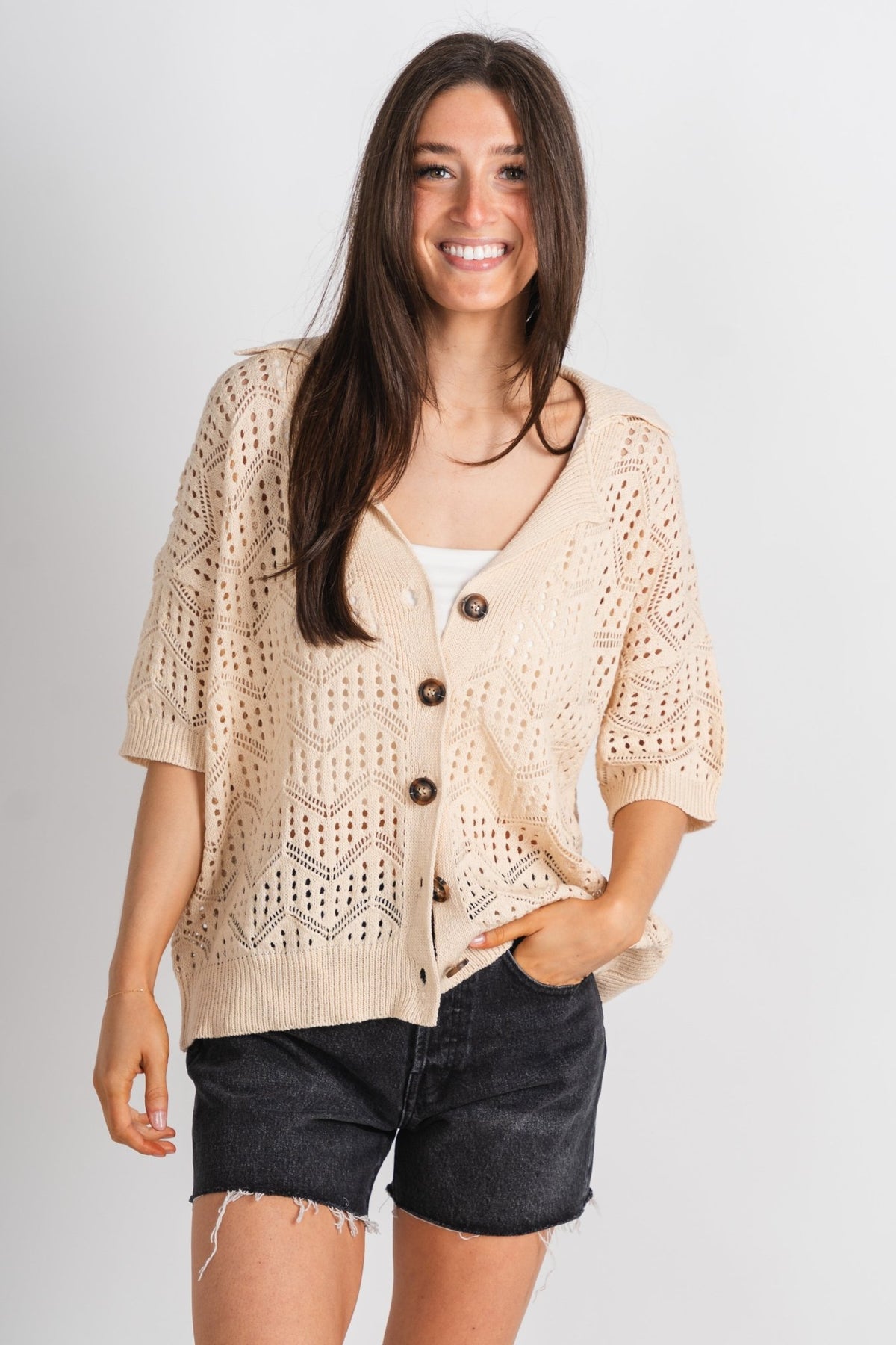 Crochet button up top cream - Trendy Top - Cute Vacation Collection at Lush Fashion Lounge Boutique in Oklahoma City