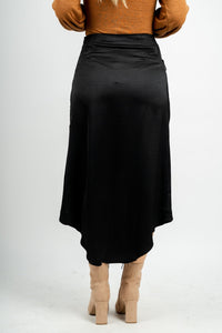 Satin Wrap Midi Skirt in Black | Lush Fashion Lounge: boutique fashion skirts, affordable boutique skirts, cute affordable skirts
