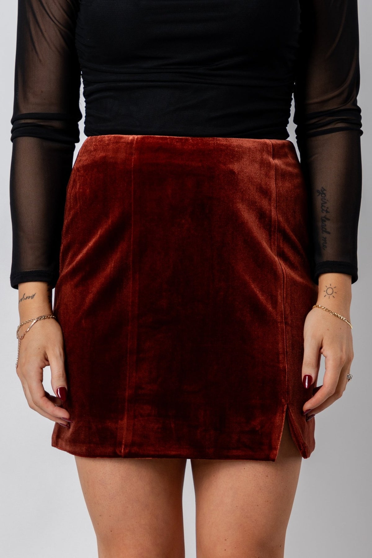 Velvet mini skirt amber rust | Lush Fashion Lounge: boutique fashion skirts, affordable boutique skirts, cute affordable skirts