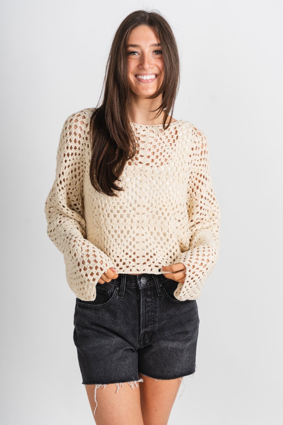 Long sleeve crochet top ivory - Trendy Top - Cute Vacation Collection at Lush Fashion Lounge Boutique in Oklahoma City