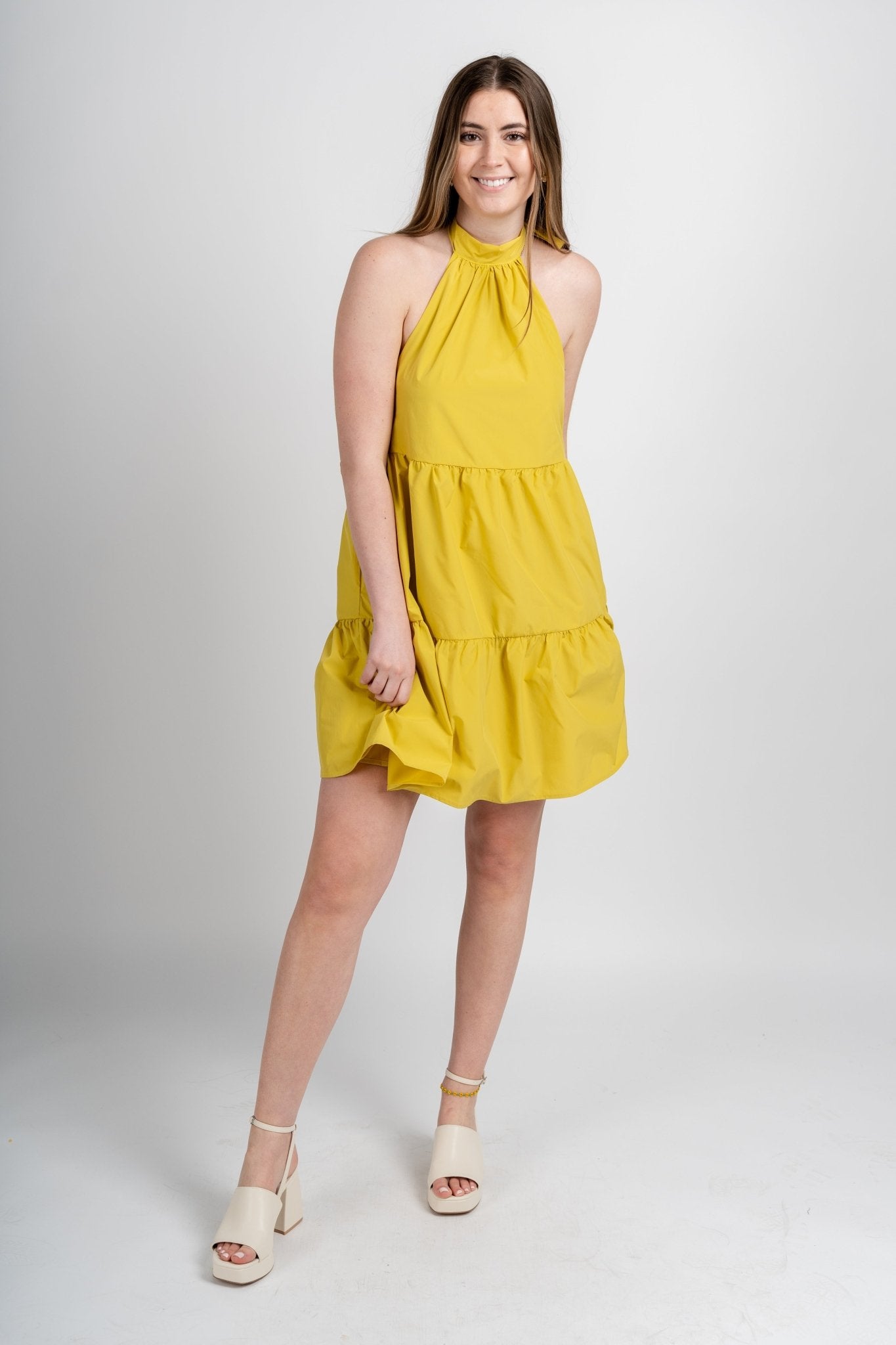 Halter neck tiered dress chartreuse - Trendy Dress - Fashion Dresses at Lush Fashion Lounge Boutique in Oklahoma City