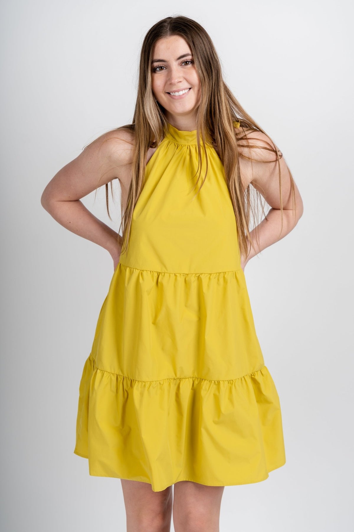 Halter neck tiered dress chartreuse - Cute Dress - Trendy Dresses at Lush Fashion Lounge Boutique in Oklahoma City