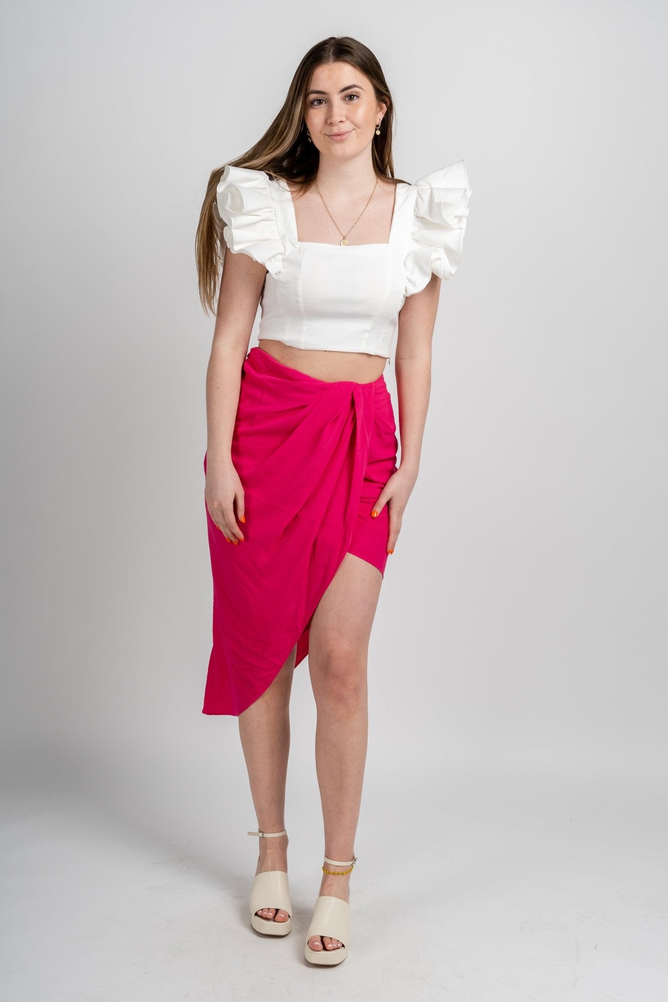 Wrap midi skirt hot pink | Lush Fashion Lounge: boutique fashion skirts, affordable boutique skirts, cute affordable skirts