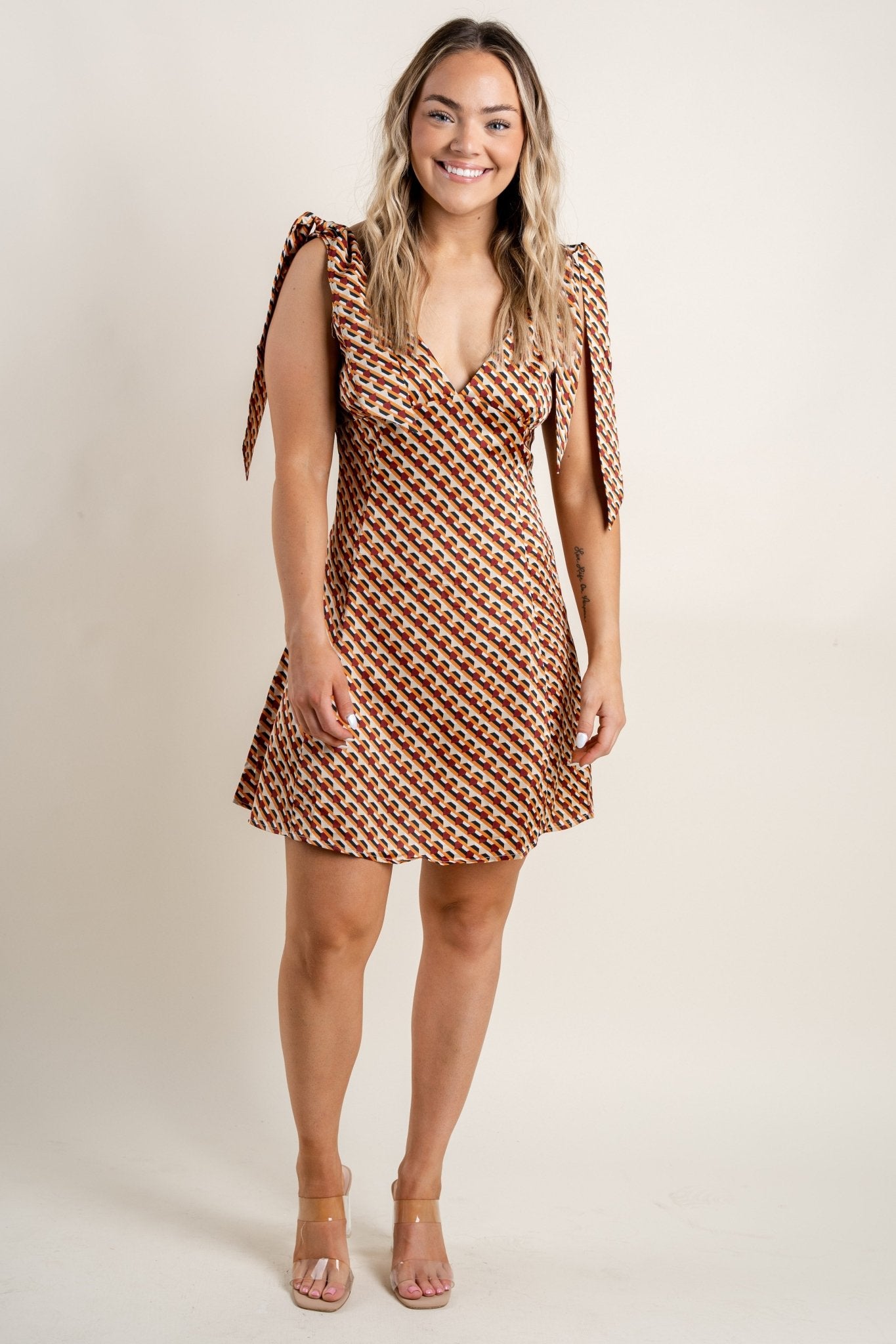 Shoulder tie dress rust Stylish Dresses - Womens Fashion Dresses at Lush Fashion Lounge Boutique in Oklahoma City