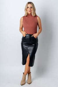 Faux leather midi skirt black | Lush Fashion Lounge: boutique fashion skirts, affordable boutique skirts, cute affordable skirts