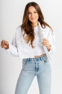 Cropped distressed denim jacket white - Affordable denim jacket - Boutique Jackets & Blazers at Lush Fashion Lounge Boutique in Oklahoma City