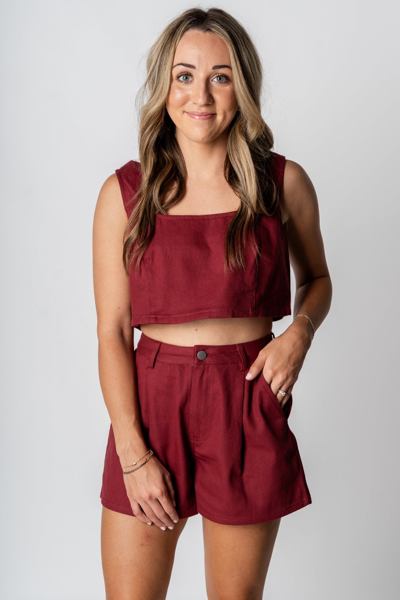 Tie back crop tank top burgundy - Affordable crop top - Boutique Tank Tops at Lush Fashion Lounge Boutique in Oklahoma City