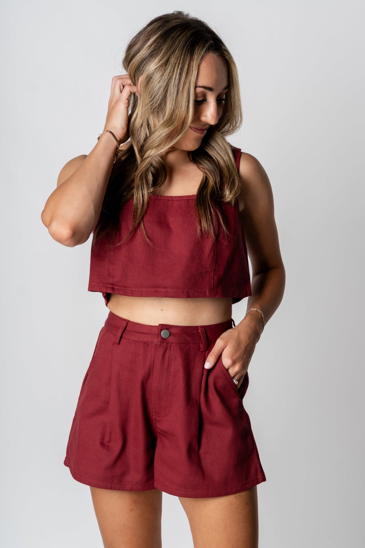 Tie back crop tank top burgundy - Cute crop top - Trendy Tank Tops at Lush Fashion Lounge Boutique in Oklahoma City