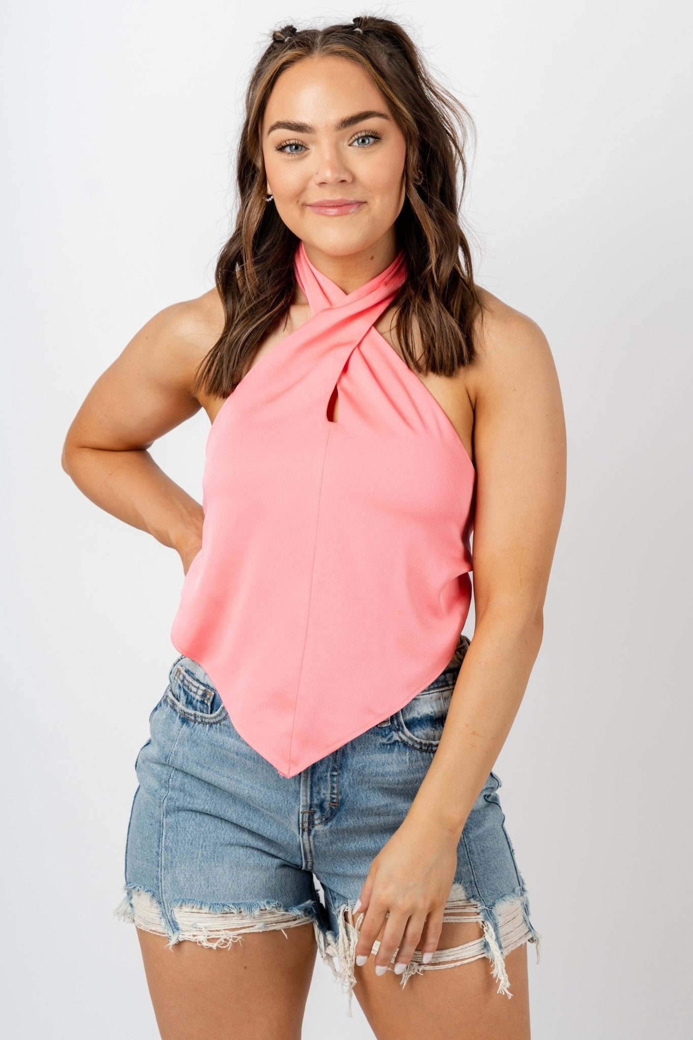 Cross neck open back top pink punch - Cute Top - Fun Vacay Basics at Lush Fashion Lounge Boutique in Oklahoma City