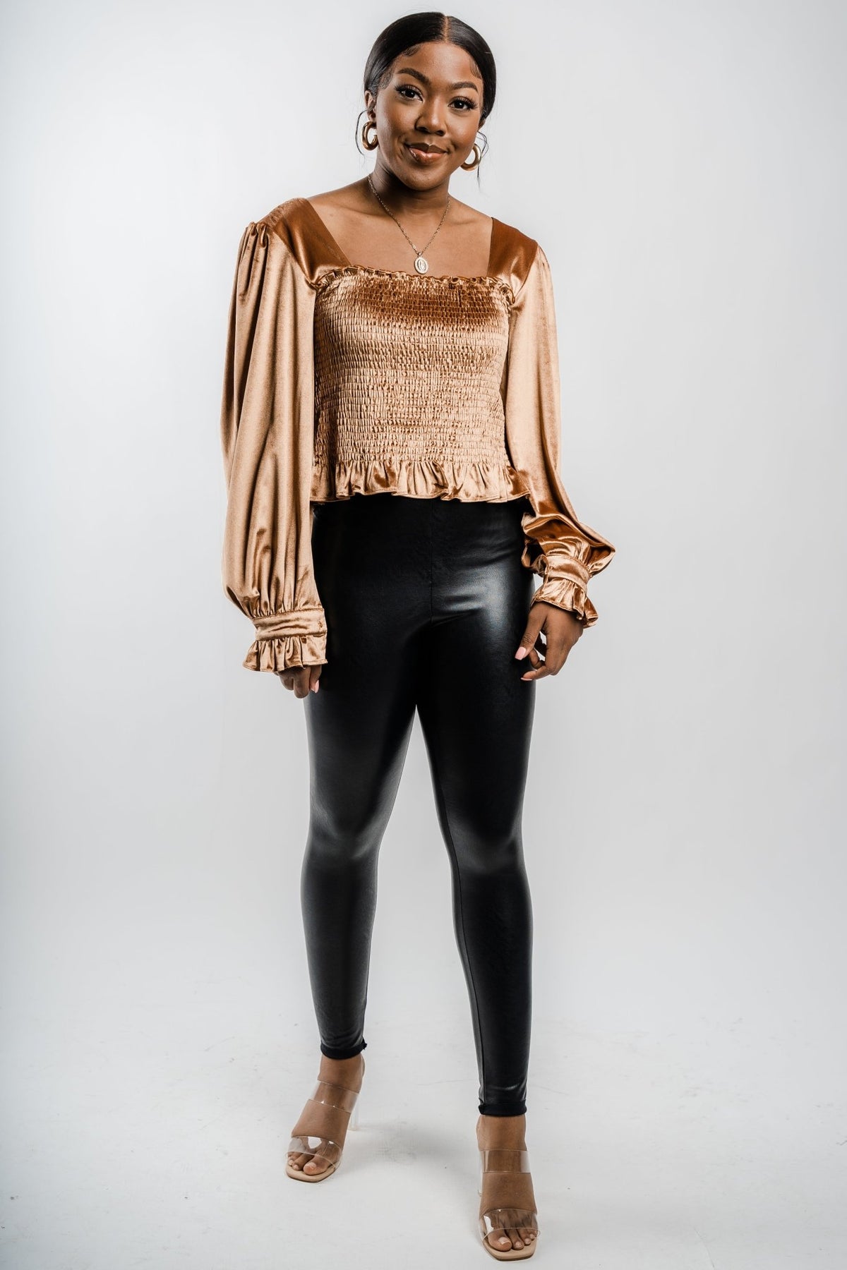 Velvet smocked long sleeve top bronze - Trendy New Year's Eve Outfits at Lush Fashion Lounge Boutique in Oklahoma City
