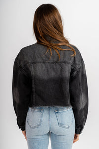 Cropped boyfriend denim jacket washed black Stylish denim jacket - Womens Fashion Jackets & Blazers at Lush Fashion Lounge Boutique in Oklahoma City