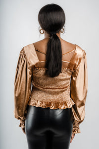 Velvet smocked long sleeve top bronze - Trendy New Year's Eve Dresses, Skirts, Kimonos and Sequins at Lush Fashion Lounge Boutique in Oklahoma City