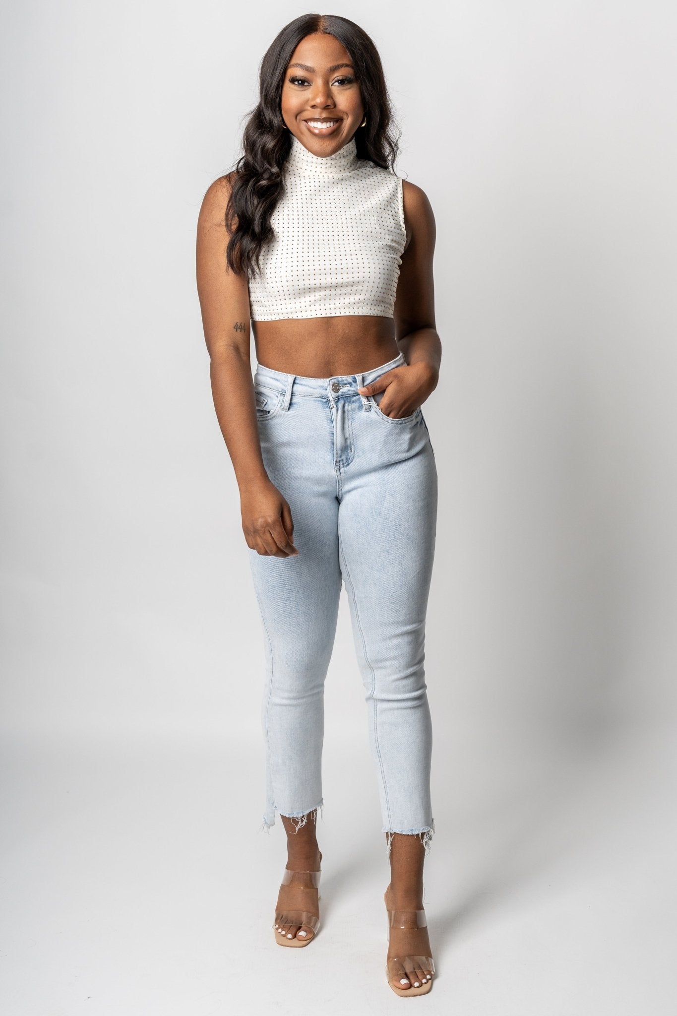 Rhinestone mock neck crop top white - Exclusive Collection of Holiday Inspired T-Shirts and Hoodies at Lush Fashion Lounge Boutique in Oklahoma City