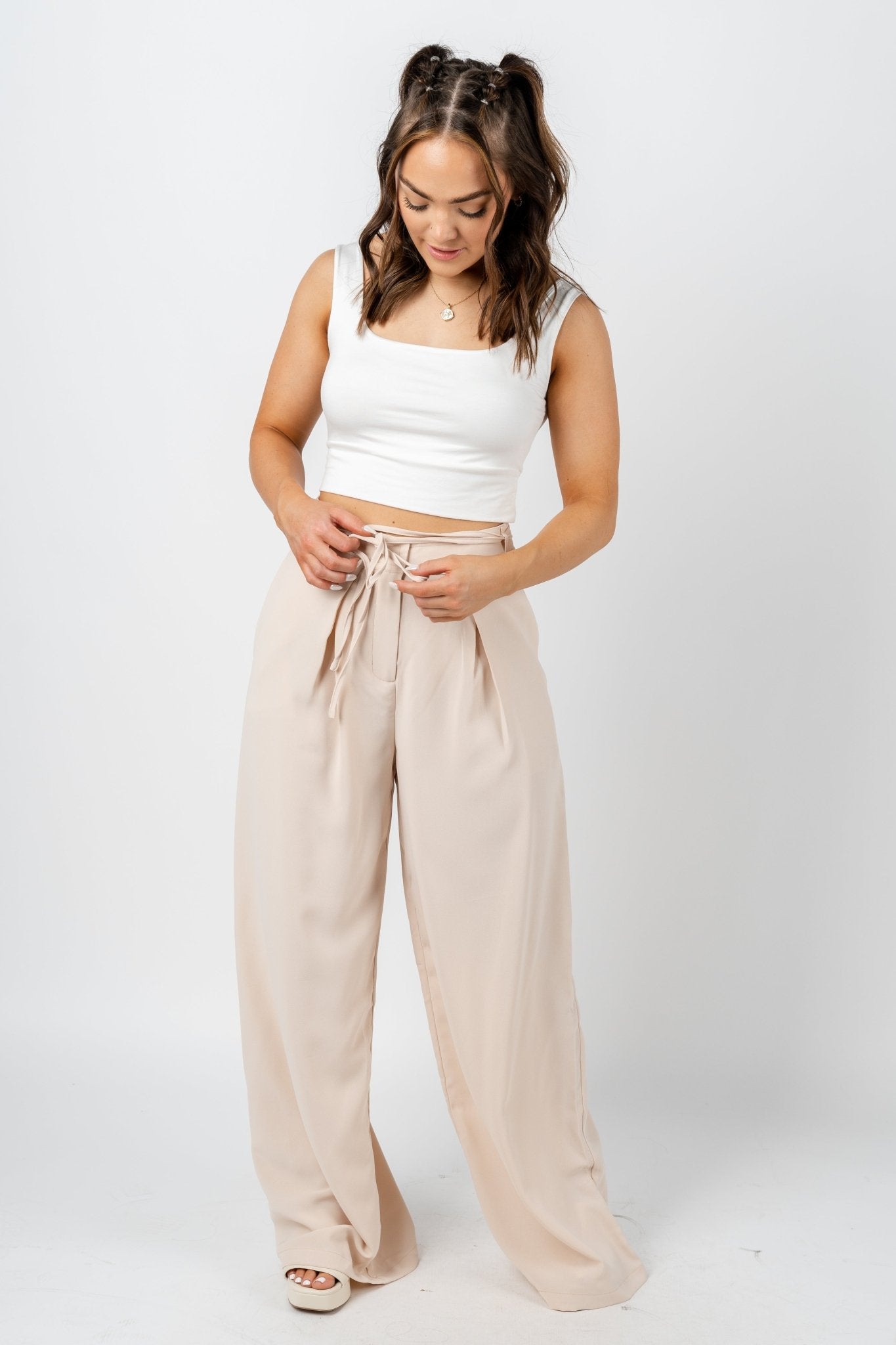 High waist wide leg pants natural - Stylish Pants - Trendy Staycation Outfits at Lush Fashion Lounge Boutique in Oklahoma City