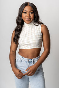 Rhinestone mock neck crop top white - Trendy Top - Fun Wedding Party Outfits at Lush Fashion Lounge Boutique in Oklahoma City