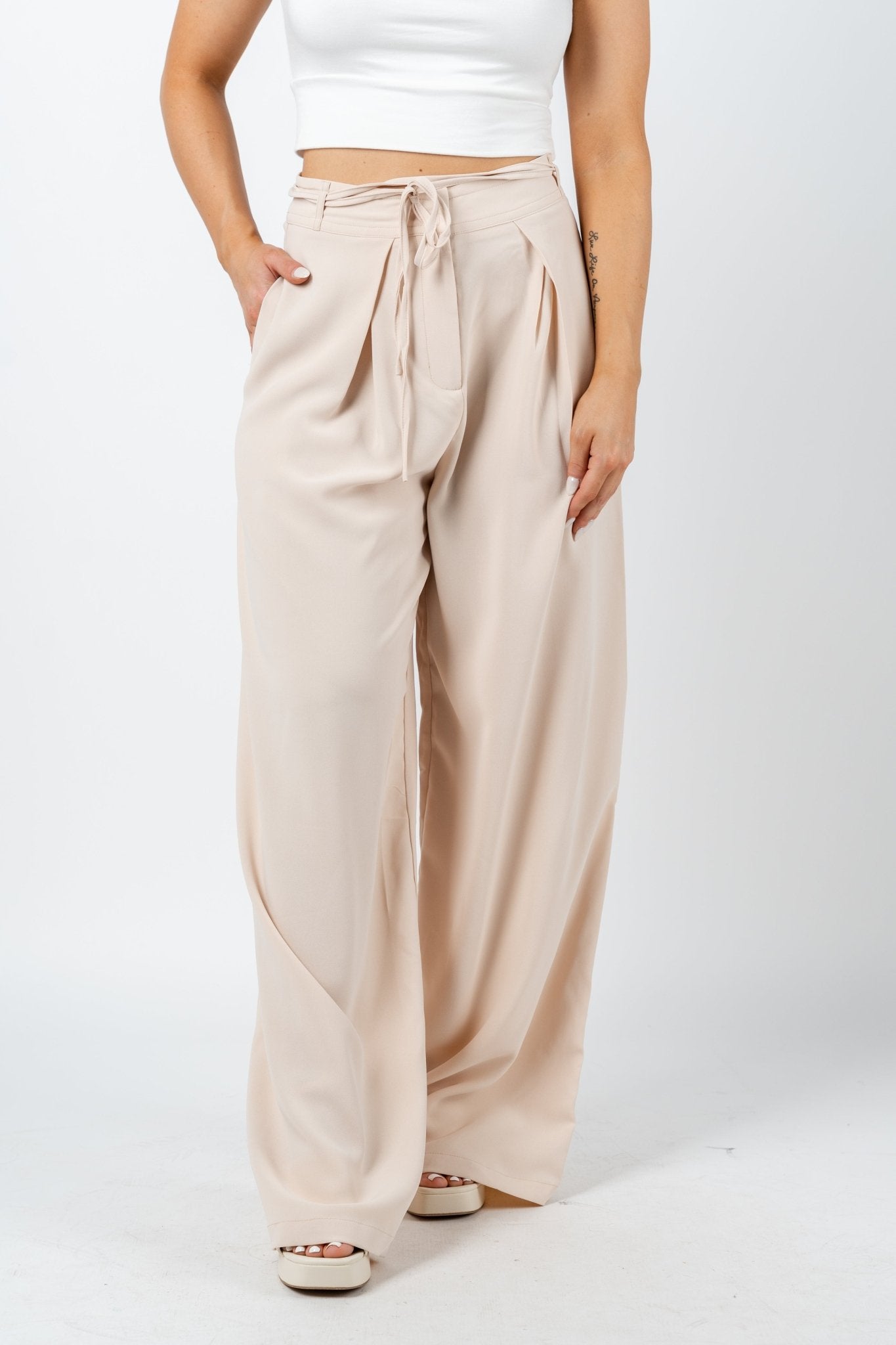 High waist wide leg pants natural - Trendy Pants - Cute Vacation Collection at Lush Fashion Lounge Boutique in Oklahoma City