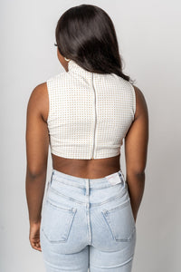 Rhinestone mock neck crop top white - Fun Top - Stylish Bridal Graphic Tees at Lush Fashion Lounge Boutique in OKC