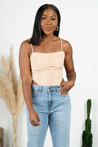 Overlock stitch bodysuit taupe - Affordable bodysuit - Boutique Bodysuits at Lush Fashion Lounge Boutique in Oklahoma City