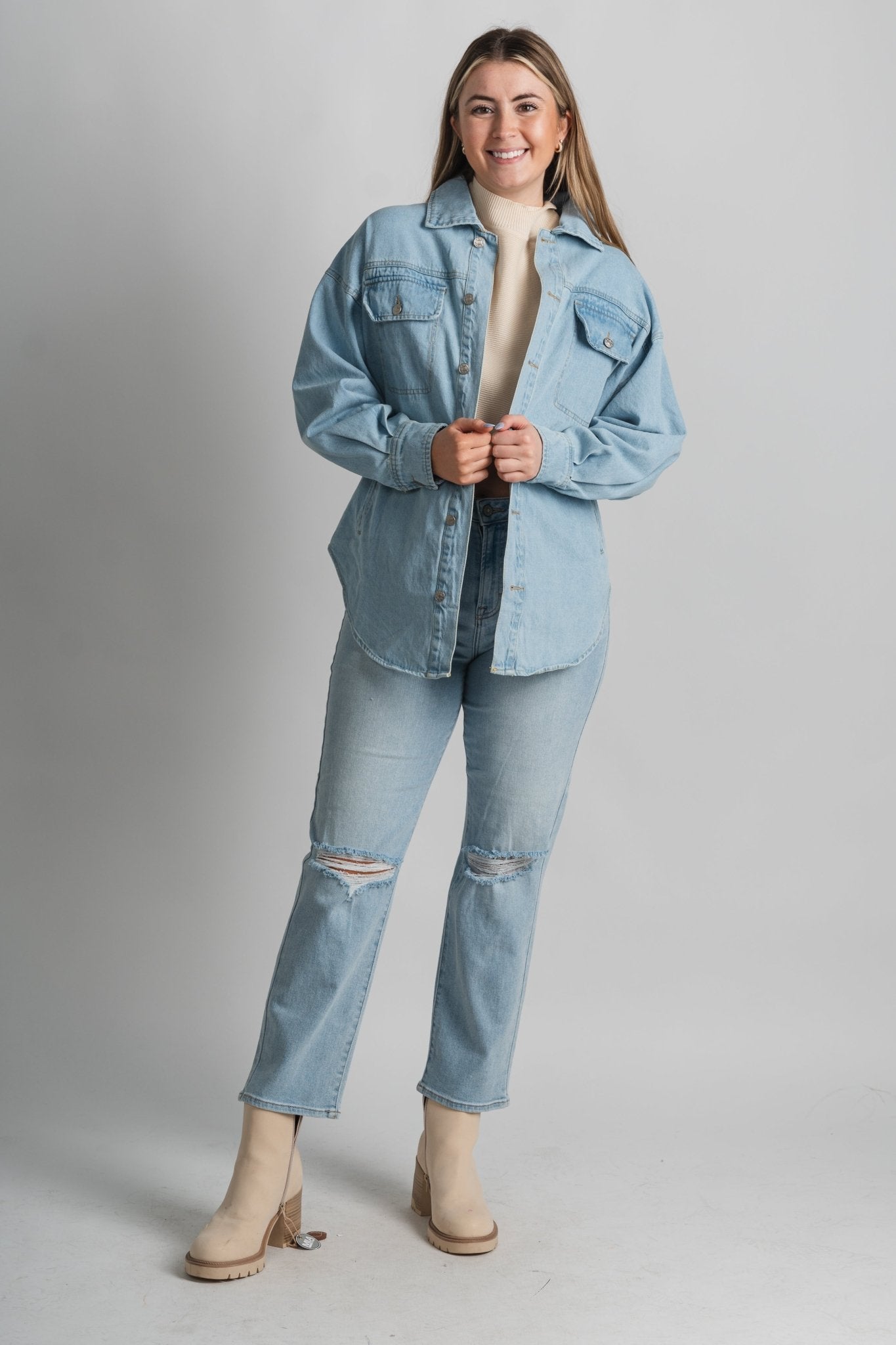 Denim shirt jacket light denim – Fashionable Jackets | Trendy Blazers at Lush Fashion Lounge Boutique in Oklahoma City