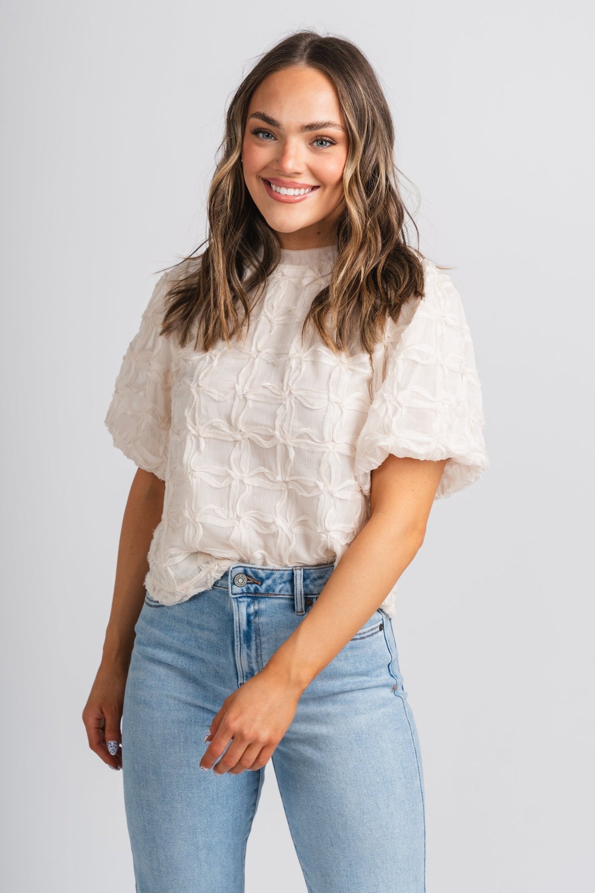 Tulle puff sleeve top cream - Stylish Top - Cute Easter Outfits at Lush Fashion Lounge Boutique in Oklahoma