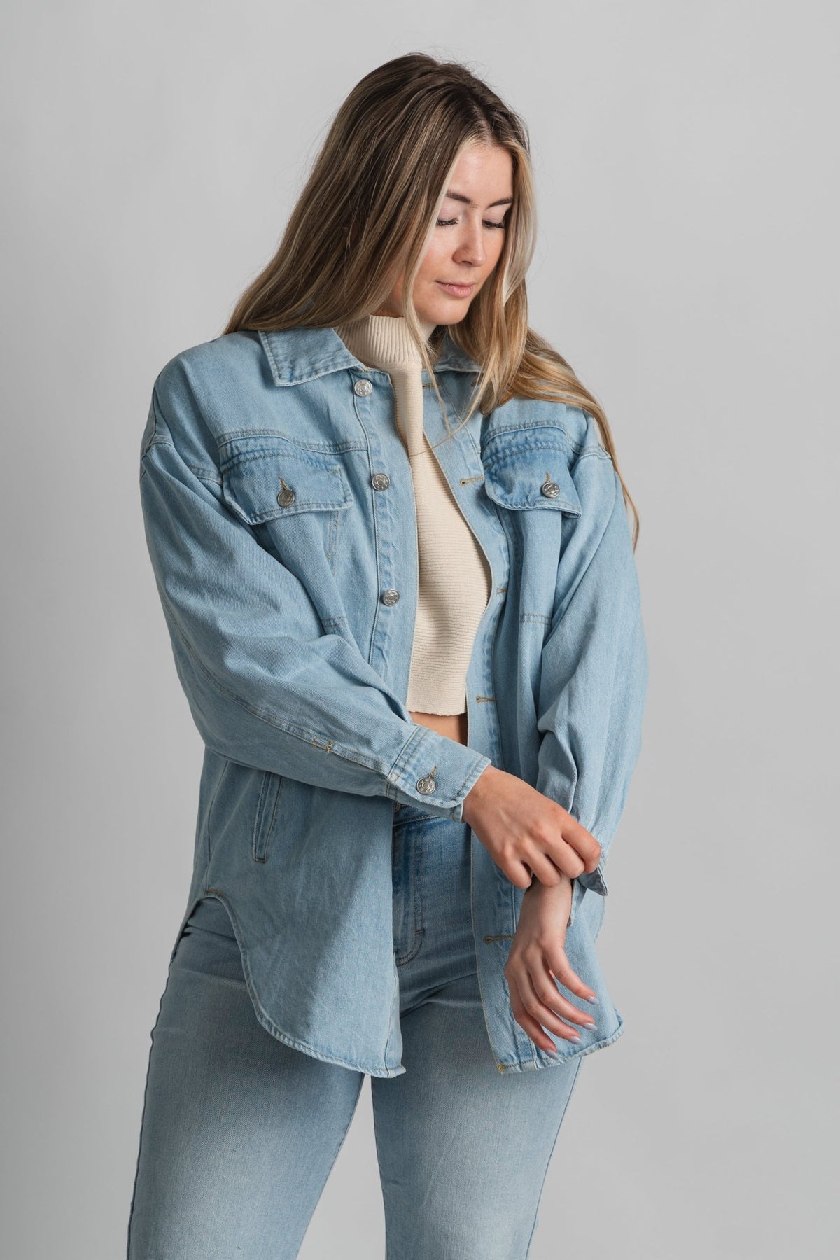 Denim shirt jacket light denim – Trendy Jackets | Cute Fashion Blazers at Lush Fashion Lounge Boutique in Oklahoma City