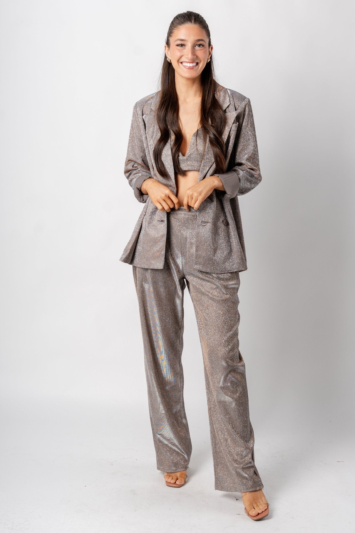 High waist glitter wide leg pants tan/silver - Affordable New Year's Eve Party Outfits at Lush Fashion Lounge Boutique in Oklahoma City