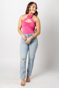 Rosette halter bodysuit fuchsia - Trendy bodysuit - Fashion Bodysuits at Lush Fashion Lounge Boutique in Oklahoma City