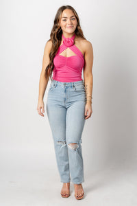 Rosette halter bodysuit fuchsia Stylish bodysuit - Womens Fashion Bodysuits at Lush Fashion Lounge Boutique in Oklahoma City