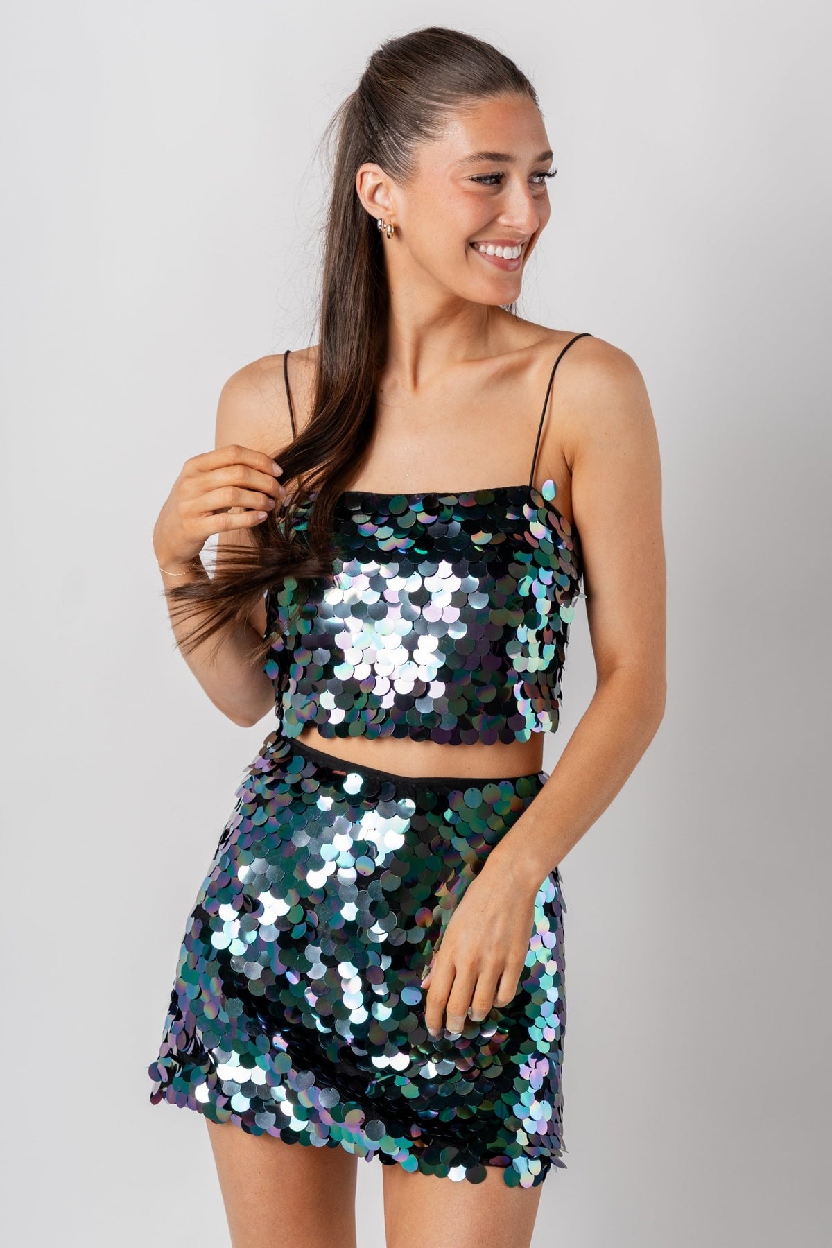 Mermaid sequin cami tank top black multi - Trendy New Year's Eve Outfits at Lush Fashion Lounge Boutique in Oklahoma City