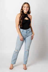 Rosette halter bodysuit black - Trendy bodysuit - Fashion Bodysuits at Lush Fashion Lounge Boutique in Oklahoma City