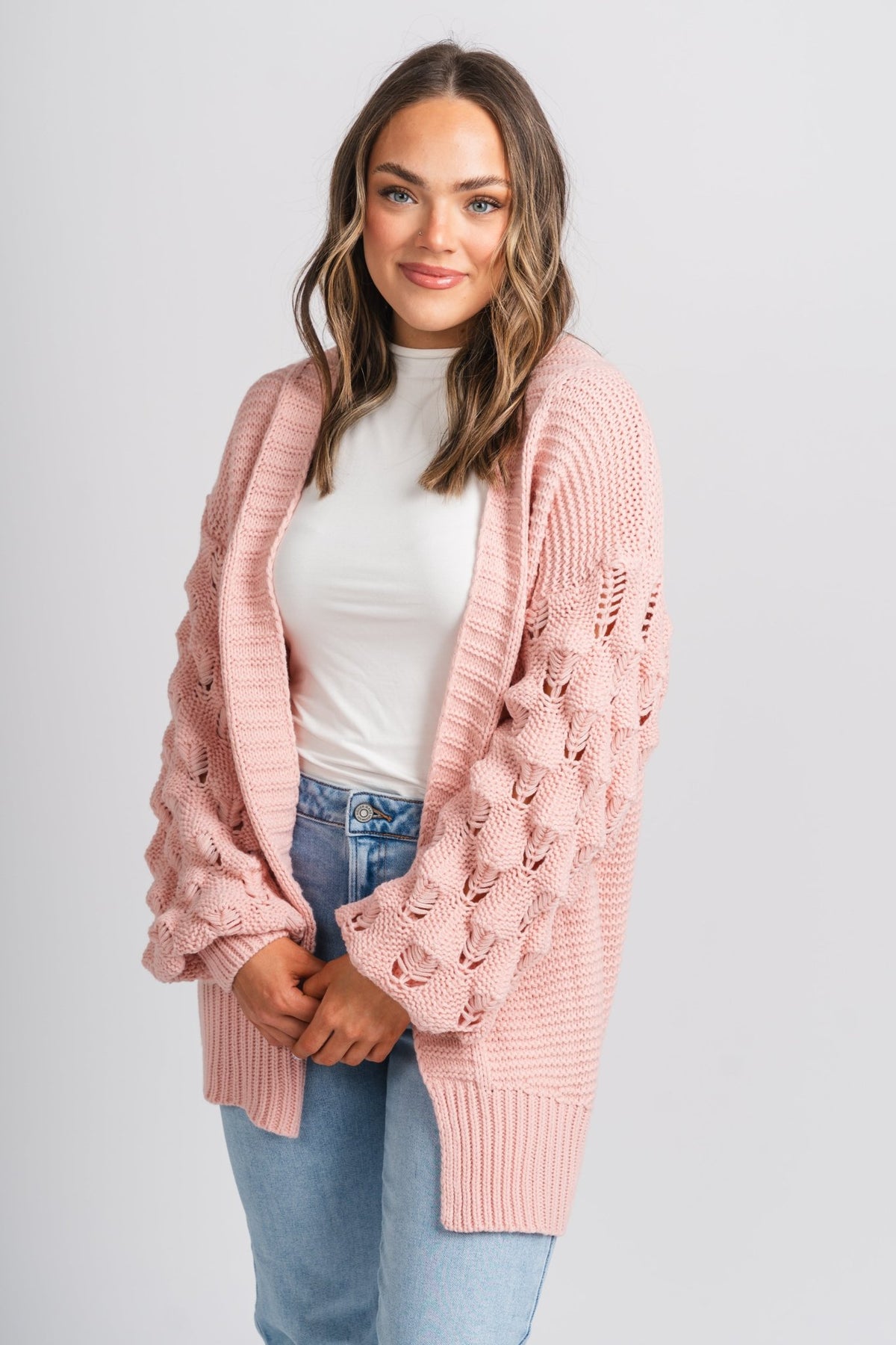 Bubble sleeve cardigan blush - Stylish Cardigan - Cute Easter Outfits at Lush Fashion Lounge Boutique in Oklahoma