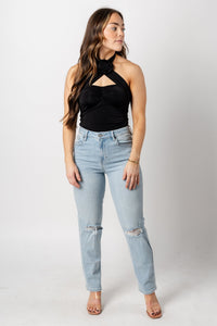 Rosette halter bodysuit black Stylish bodysuit - Womens Fashion Bodysuits at Lush Fashion Lounge Boutique in Oklahoma City