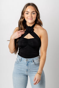 Rosette halter bodysuit black - Cute bodysuit - Trendy Bodysuits at Lush Fashion Lounge Boutique in Oklahoma City