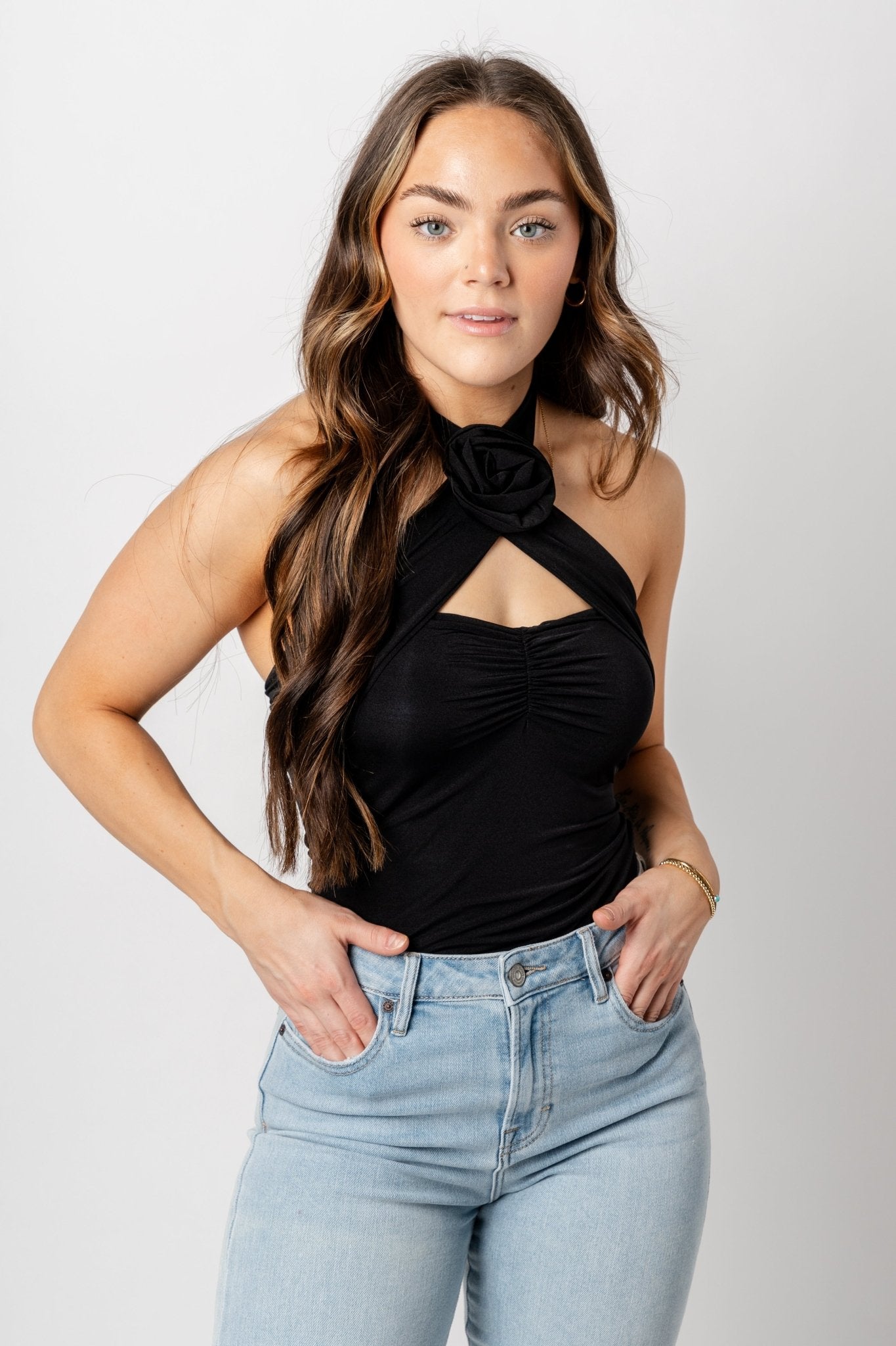 Rosette halter bodysuit black - Affordable bodysuit - Boutique Bodysuits at Lush Fashion Lounge Boutique in Oklahoma City