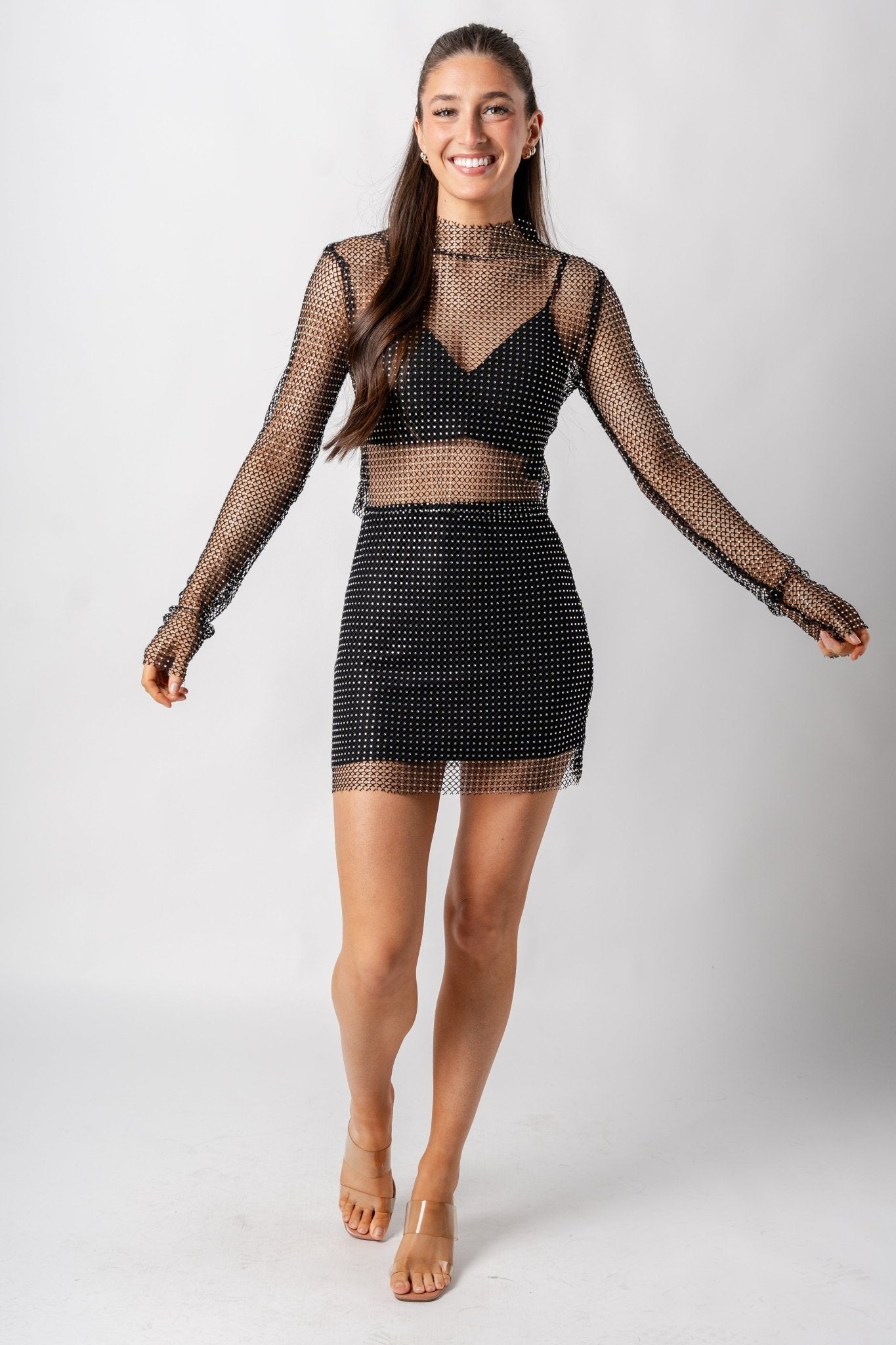 Crystal fishnet mini skirt black - Affordable New Year's Eve Party Outfits at Lush Fashion Lounge Boutique in Oklahoma City