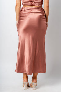 Satin midi skirt rose gold | Lush Fashion Lounge: boutique fashion skirts, affordable boutique skirts, cute affordable skirts