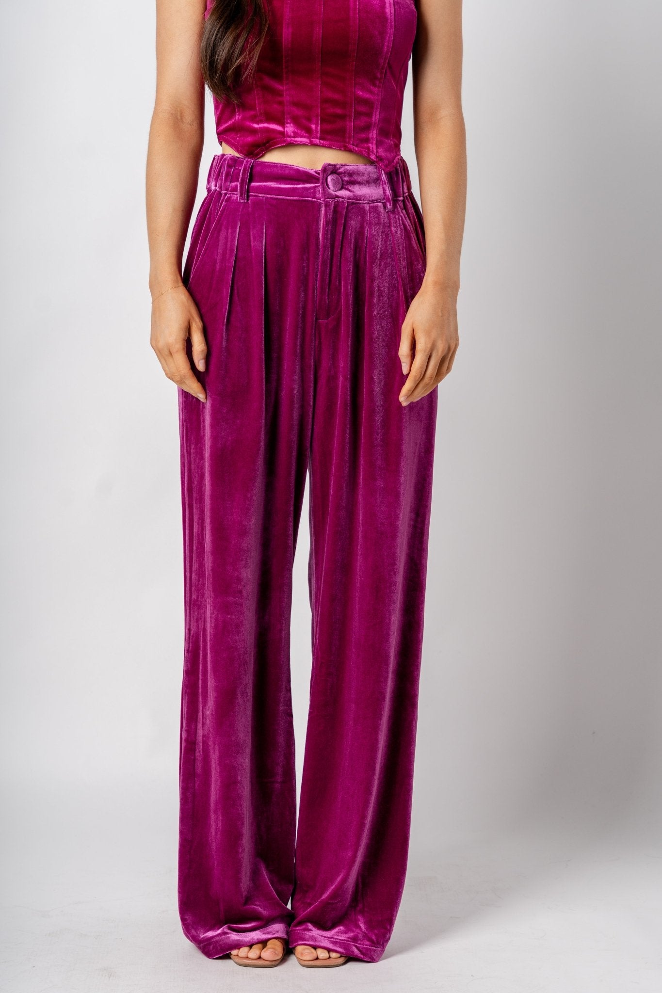 Velvet wide leg pants magenta - Affordable New Year's Eve Party Outfits at Lush Fashion Lounge Boutique in Oklahoma City