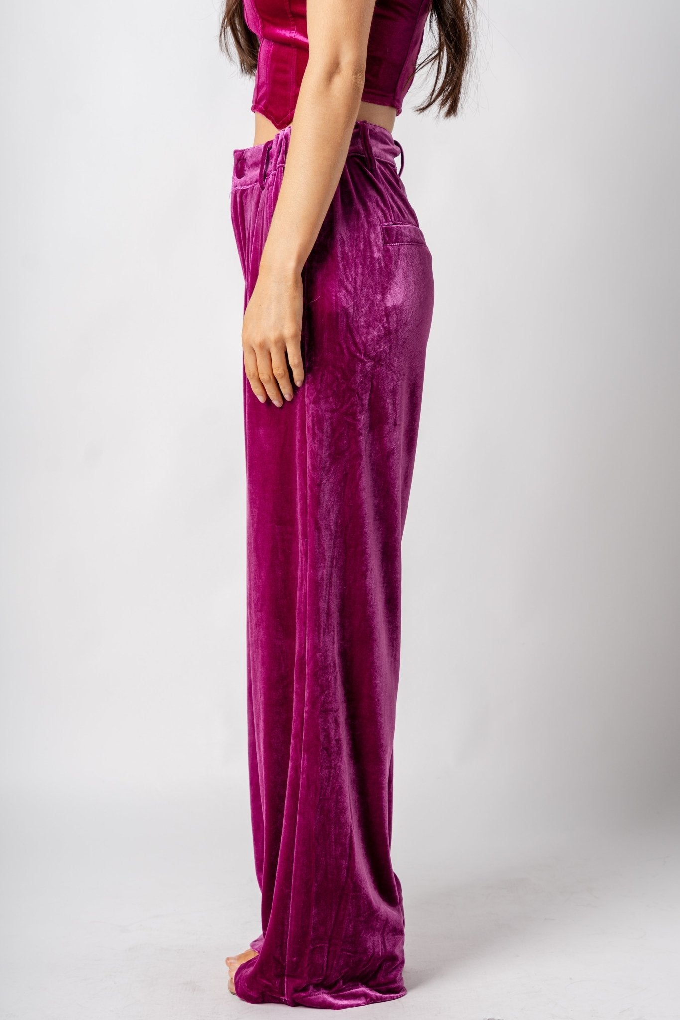 Velvet wide leg pants magenta - Trendy New Year's Eve Dresses, Skirts, Kimonos and Sequins at Lush Fashion Lounge Boutique in Oklahoma City