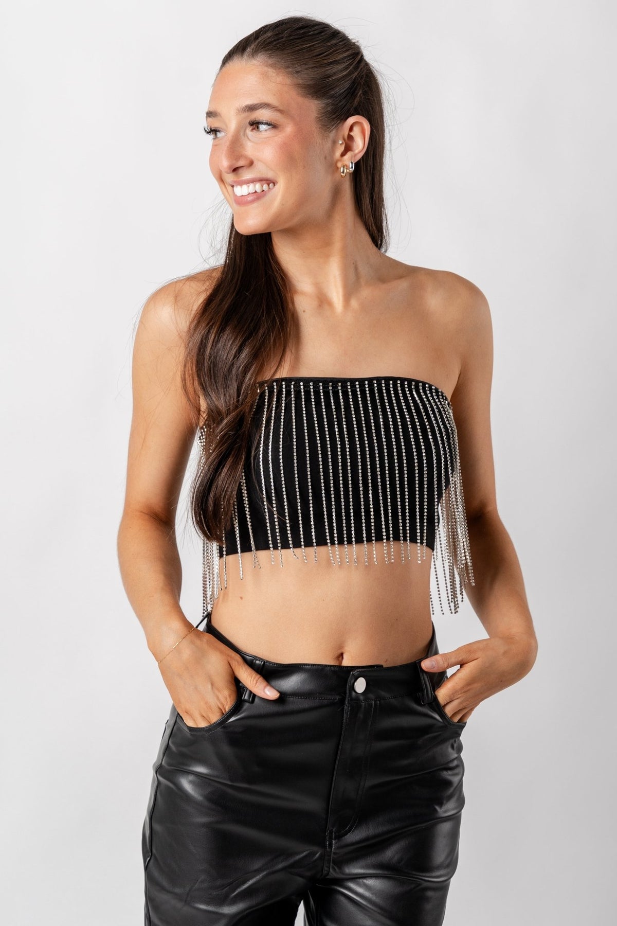 Rhinestone fringe strapless top black - Trendy New Year's Eve Outfits at Lush Fashion Lounge Boutique in Oklahoma City
