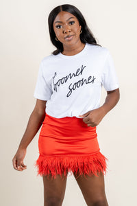 Feather trim skirt red | Lush Fashion Lounge: boutique fashion skirts, affordable boutique skirts, cute affordable skirts